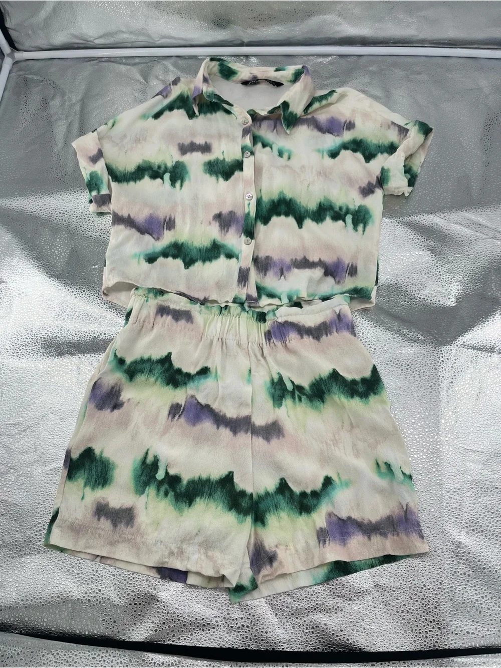 Zara Tie-Dye Matching Set Button-Down Shirt Breathable Elastic Waist Shorts XS